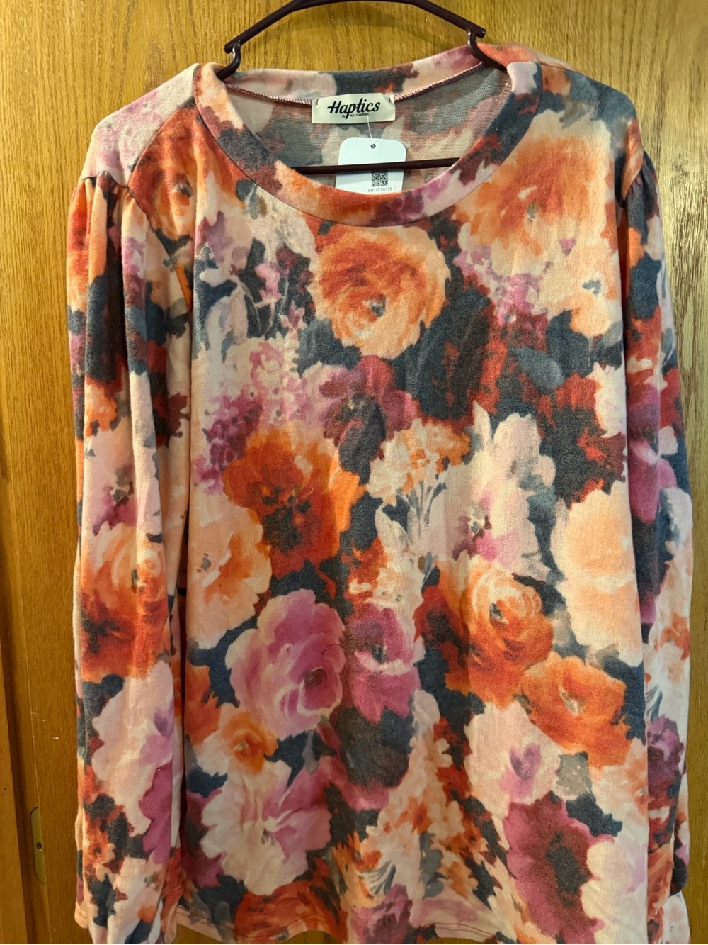 Haptics Women's Floral Long-Sleeve Crewneck fleece top in Pink & Orange